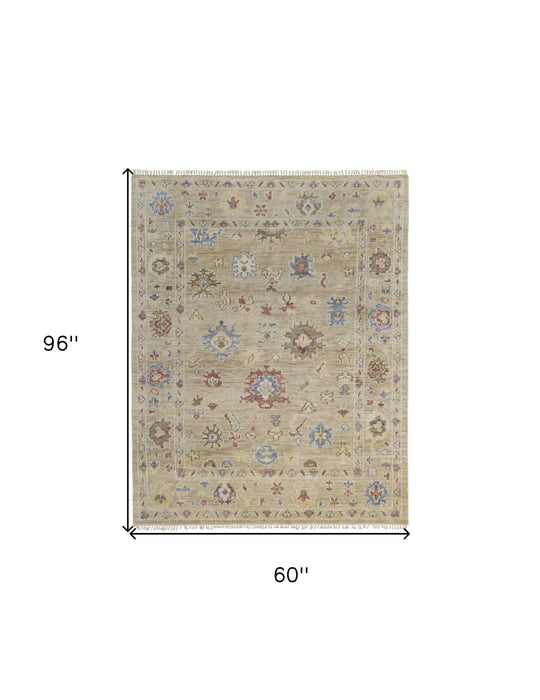 5' x 8' Wool Floral Hand Knotted Area Rug With Fringe - Tan Brown And Blue