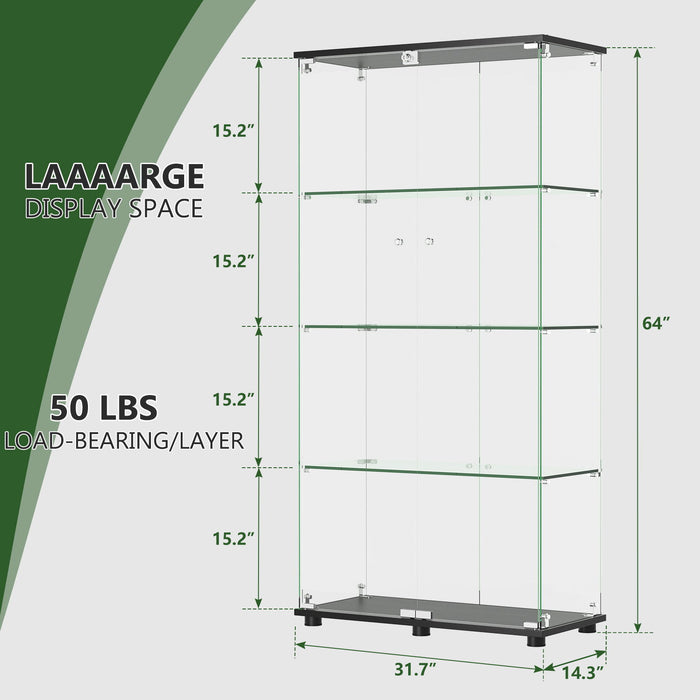 Modern Giga glass display cabinet with 4 shelves, double doors, lock, and tempered glass shelves for living room storage.