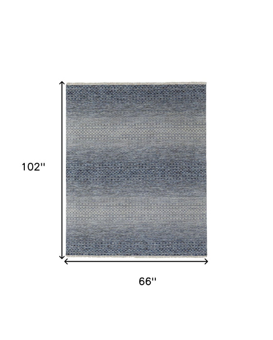 6' x 9' Wool Hand Knotted Area Rug With Fringe - Ivory Gray And Blue