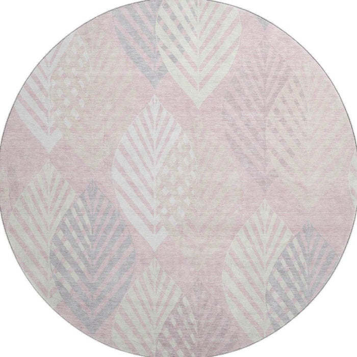 8' Floral Washable Round Rug With UV Protection - Pink
