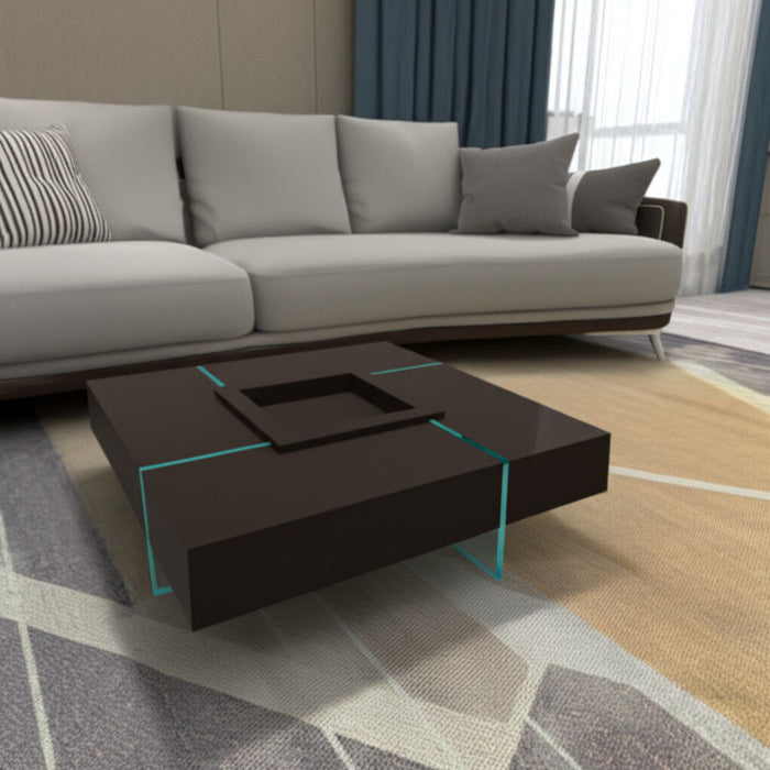 47" And Clear Wood And Glass Square Low Coffee Table - Brown