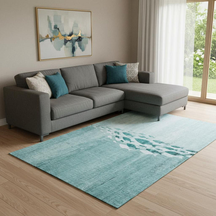 10' X 14' Nautical Washable Area Rug With UV Protection (652791) - Teal / Ivory