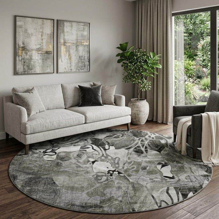 8' Abstract Distressed Washable Round Rug With UV Protection (648985) - Gray / Ivory