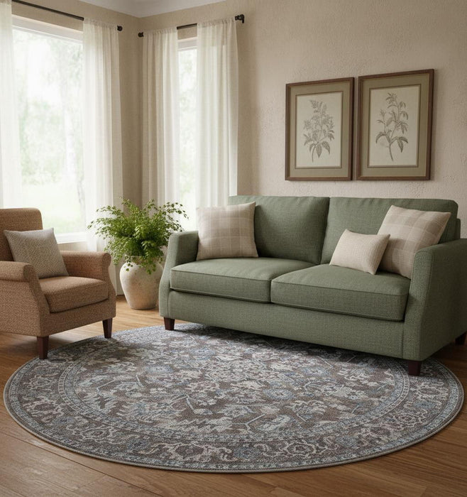8' Floral Power Loom Worn Faded Round Rug (573549) - Green