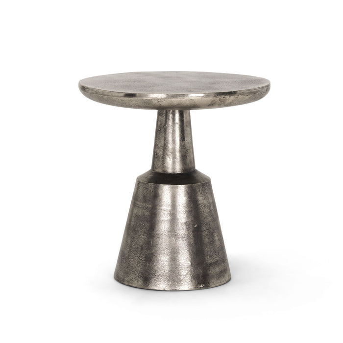 Distressed Iron Round Pedestal End Table - Silver