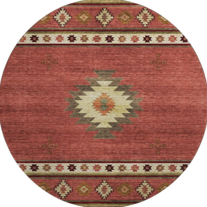 8' Southwest Geometric Washable Round Rug With UV Protection - Cinnamon