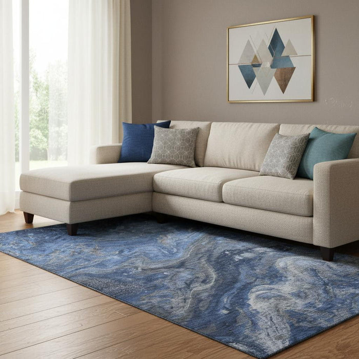 10' X 14' Abstract Washable Area Rug With UV Protection (650842) - Blue / Gray / Ivory