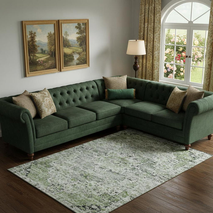 10' X 14' Floral Medallion Washable Area Rug With UV Protection (705077) - Artichoke Green / Gray