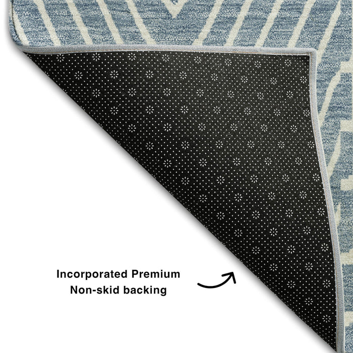 10' X 14' Geometric Washable Area Rug With UV Protection (678053) - Denim Blue / Ivory