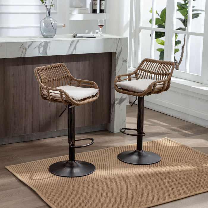 Pair of Giga modern swivel bar stools with adjustable height, footrests, and sleek design for kitchen or bar seating.