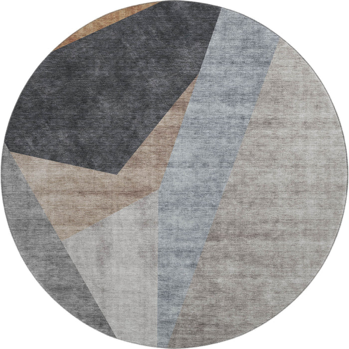 8' Geometric Washable Round Rug With UV Protection (657470) - Taupe / Blue / Beige