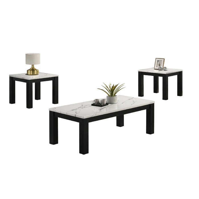 Modern Giga 3-piece living room table set with faux marble tops and wooden legs in black and white.