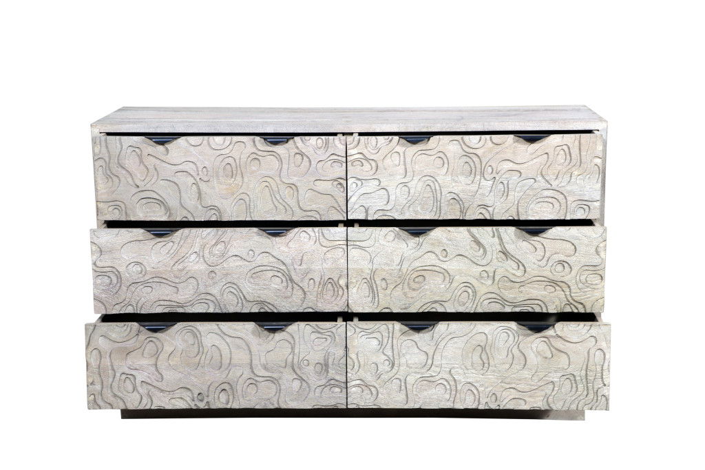 57" Carved Geometric Solid Wood Six Drawer Dresser - White