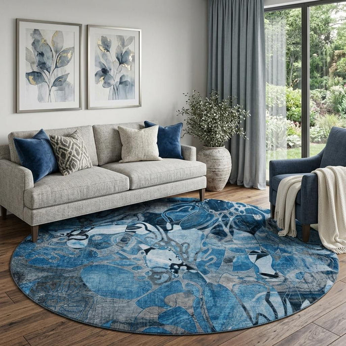 8' Abstract Distressed Washable Round Rug With UV Protection (648967) - Blue / Ivory / Gray