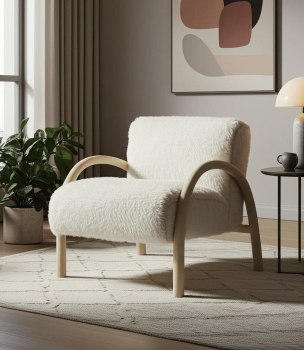 30" Modern Faux Fur And Wood Arm Chair - Beige