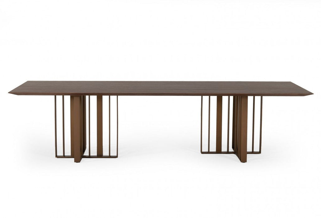 118" Stainless Steel Double Pedestal Base Dining Table - Brown