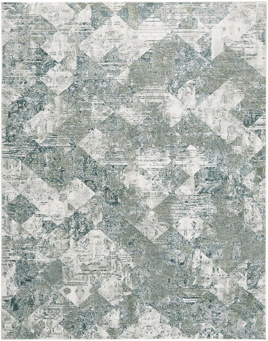 8' x 10' Patchwork Distressed Stain Resistant Area Rug - Green And Ivory