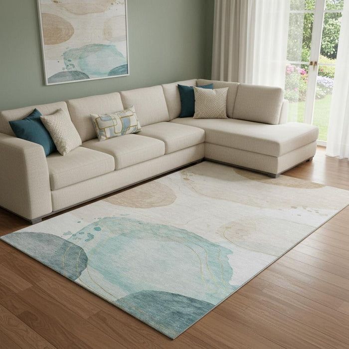 9' X 12' Abstract Washable Area Rug With UV Protection (648459) - Beige / Ivory / Teal