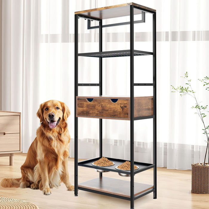 Black Giga dog feeding station with three adjustable raised bowls and storage shelves, suitable for large and medium dogs.