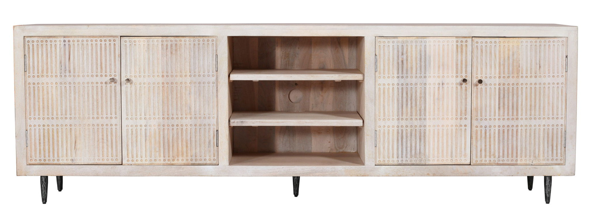92" Carved Geometric Distressed Solid Wood Enclosed And Open Storage TV Stand - Ivory