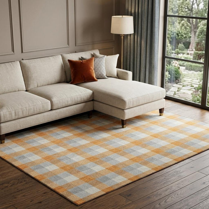 10' X 14' Plaid Washable Area Rug With UV Protection (682571) - Orange / Ivory / Gray