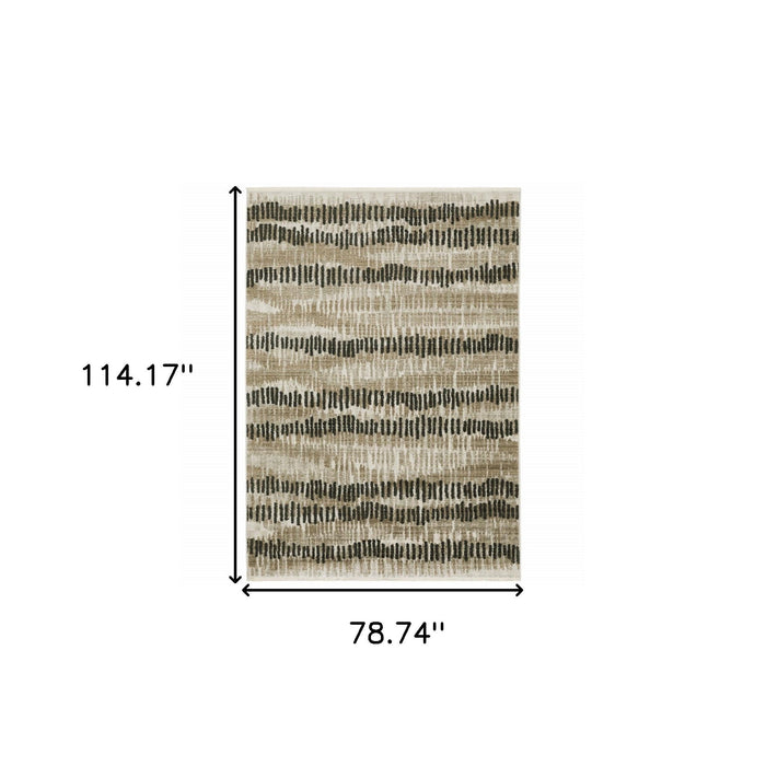 6' x 9' Abstract Power Loom Stain Resistant Area Rug With Fringe - Beige Ivory Charcoal Brown Tan And Gray
