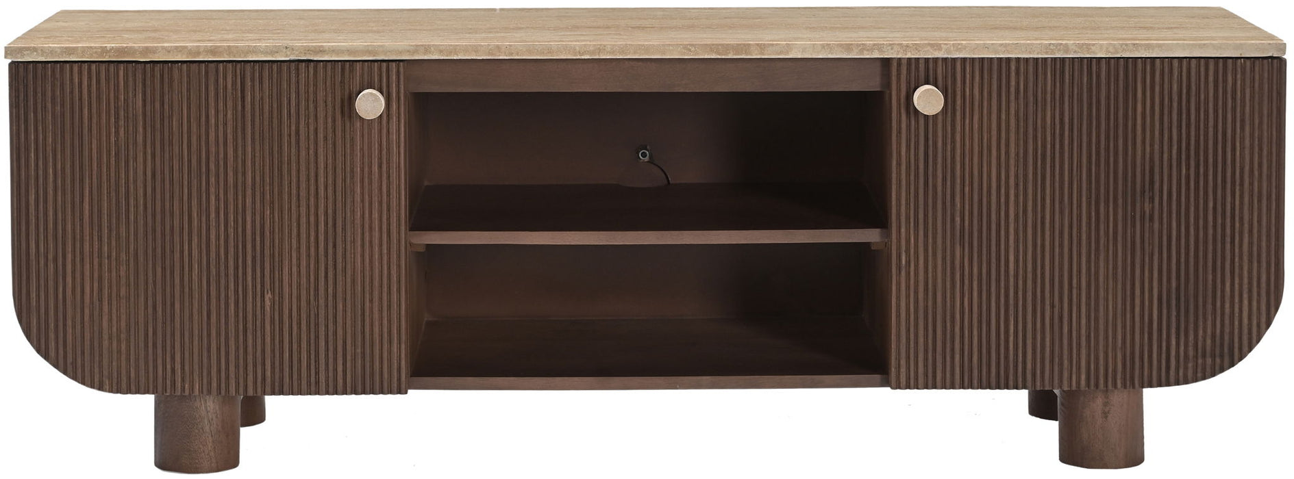Natural wood Mango Wood media console by Meridian Furniture, featuring a modern TV stand with storage shelves and a sleek design.