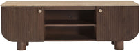 Natural wood Mango Wood media console by Meridian Furniture, featuring a modern TV stand with storage shelves and a sleek design.