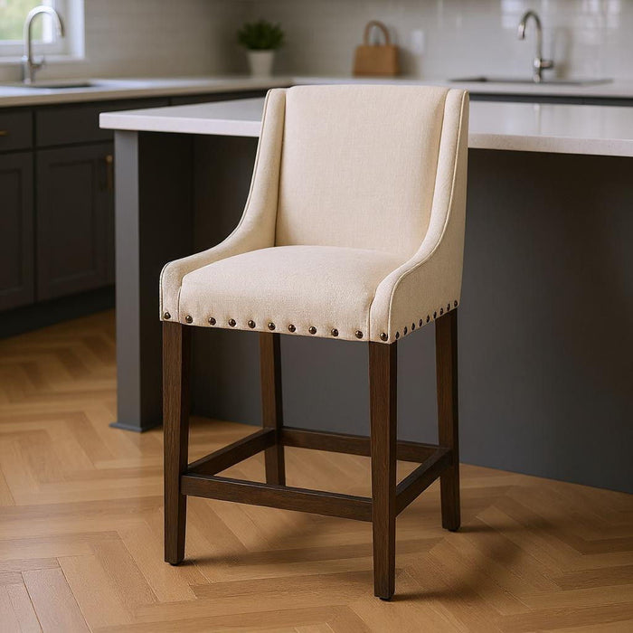 Fabric And Solid Wood Counter Height Bar Chair - Cream / Brown