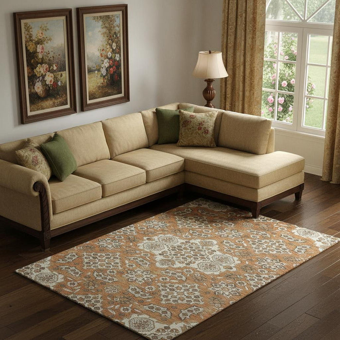 10' X 14' Floral Medallion Washable Area Rug With UV Protection (705887) - Terra Cotta / Beige
