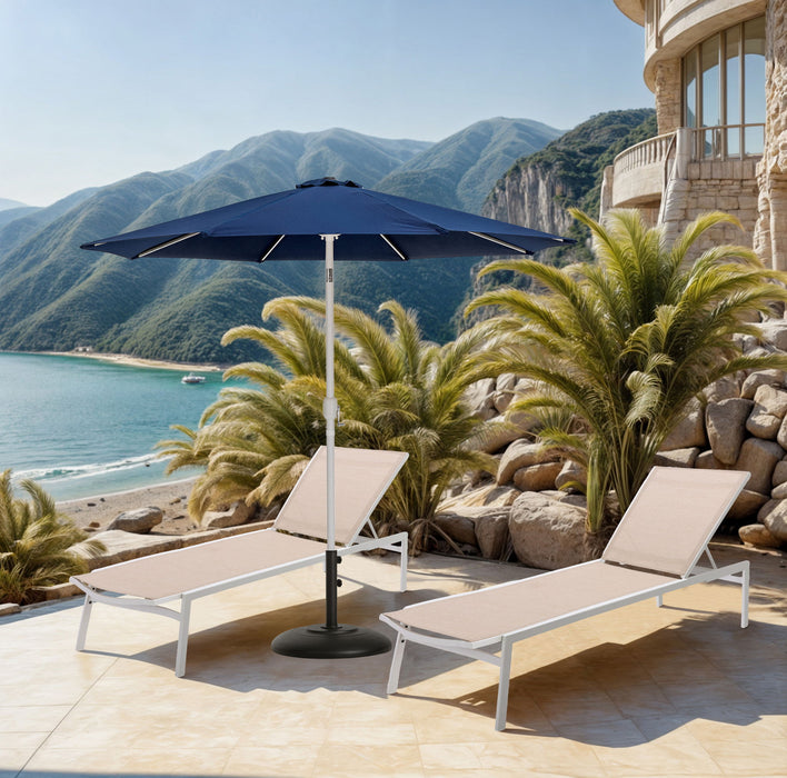Fiji aluminum patio umbrella by Meridian Furniture with round black and white base, outdoor canopy for shade and style.