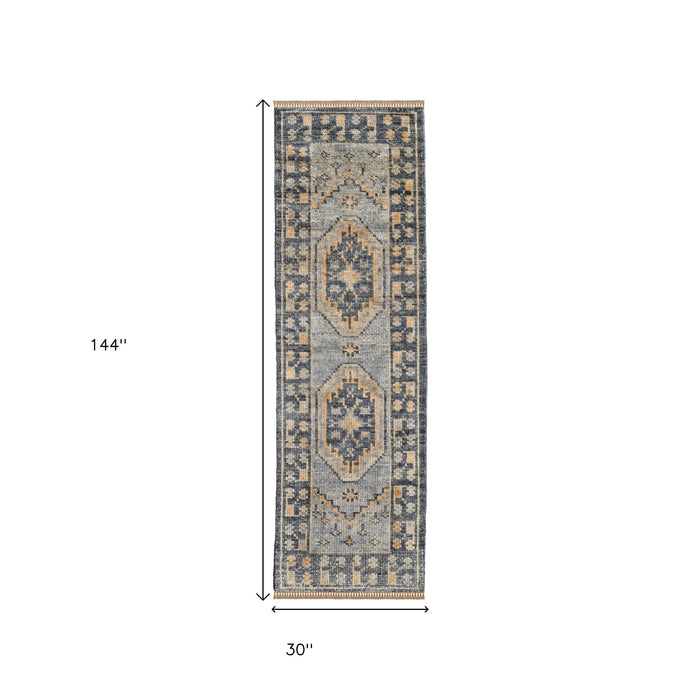 12' Oriental Hand Knotted Runner Rug With Fringe - Blue