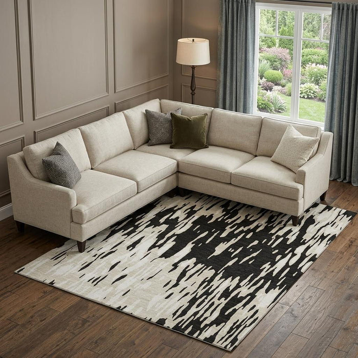 10' X 14' Abstract Washable Area Rug With UV Protection (675138) - Black / Ivory