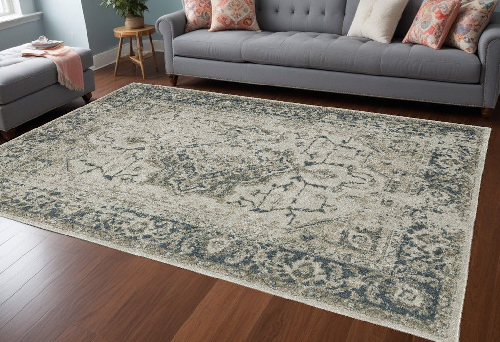 7' x 10' Oriental Power Loom Area Rug - Blue And Gray