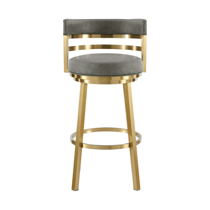 30" Faux Leather And Stainless Steel Low Back Bar Height Swivel Bar Chair - Gray / Gold
