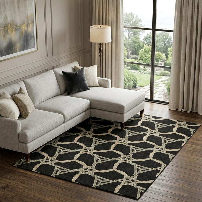 10' X 14' Geometric Washable Area Rug With UV Protection (675966) - Black / Beige / Ivory
