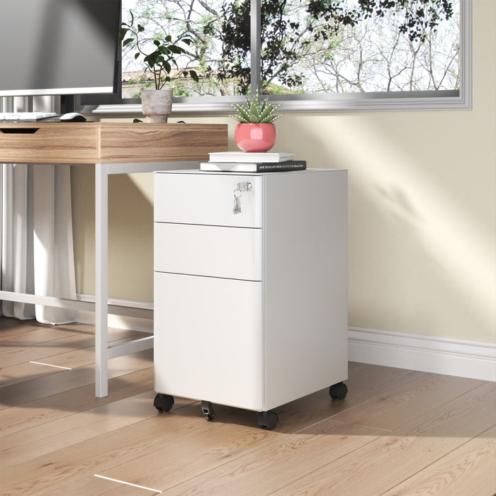 White Giga 3-drawer mobile filing cabinet with lock, on wheels, featuring two shallow drawers and one deep drawer for office or home use.