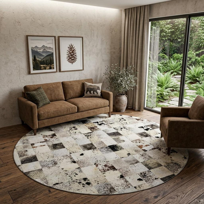 8' Patchwork Washable Round Rug With UV Protection (644733) - Granite Gray / Ivory / Black