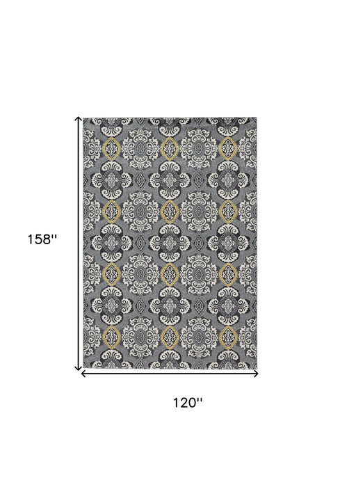 10' x 13' Damask Power Loom Area Rug - Gray Ivory And Yellow