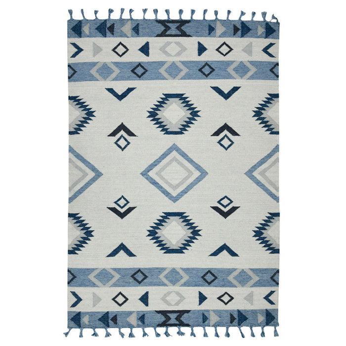 8' X 10' Wool Tribal Flatweave Handmade Area Rug With Fringe - Sky Blue