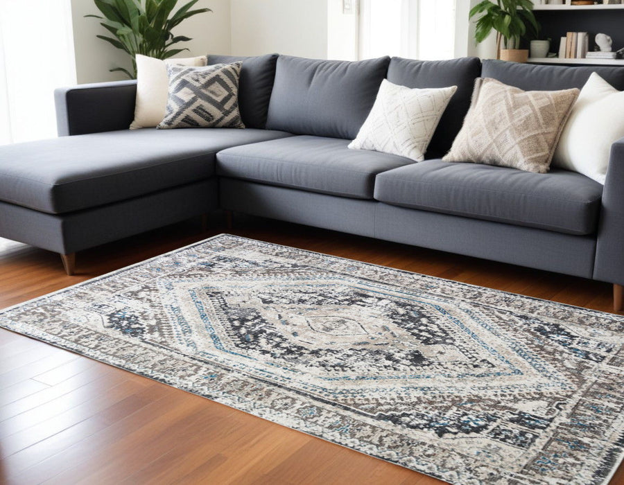 8' x 10' Geometric Distressed Area Rug With Fringe - Gray Beige And Blue