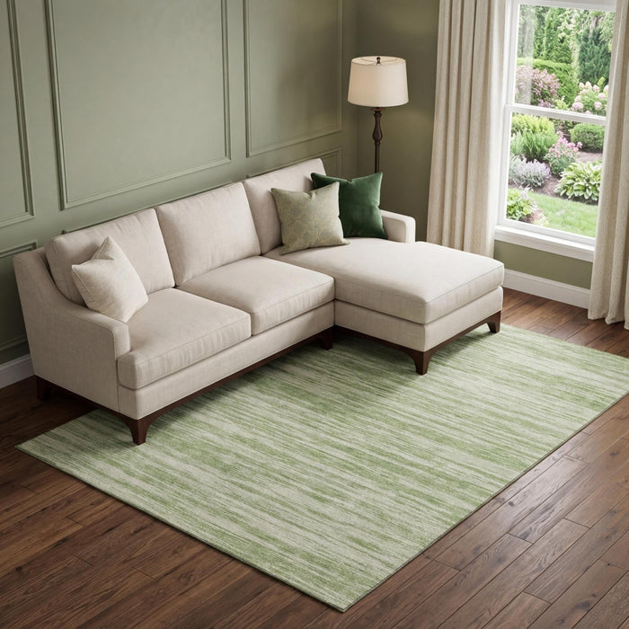 10' X 14' Striped Washable Area Rug With UV Protection (675564) - Artichoke Green / Ivory