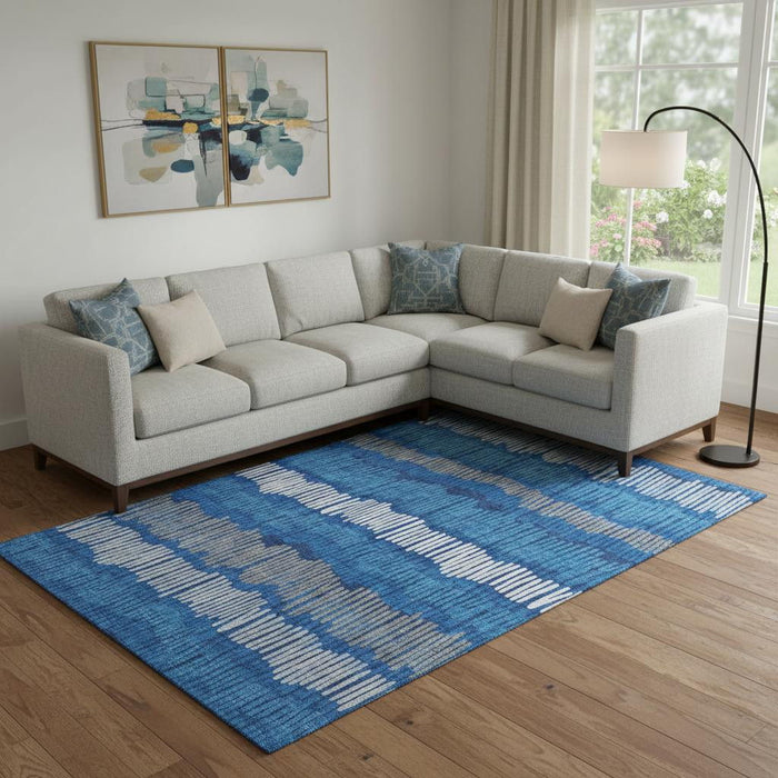 10' X 14' Striped Washable Area Rug With UV Protection (670658) - Navy Blue / Ivory / Gray
