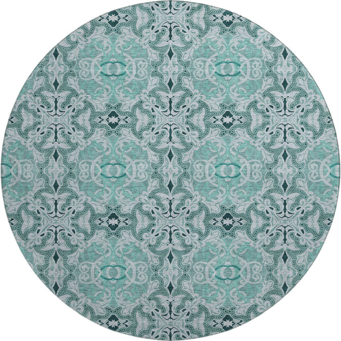 8' Medallion Washable Round Rug Polyester With UV Protection - Teal And Ivory