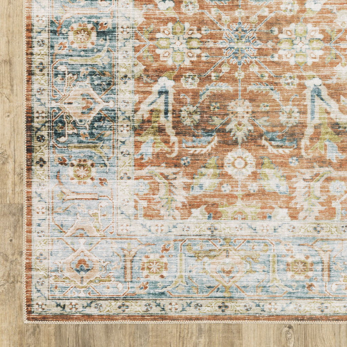 7' x 10' Oriental Printed Stain Resistant Non Skid Area Rug - Rust Blue Ivory And Gold