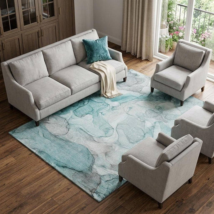 10' X 14' Abstract Washable Area Rug With UV Protection (647014) - Teal / Ivory