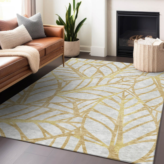 10' X 14' Floral Washable Area Rug With UV Protection - Gold / Beige