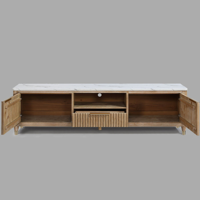 Modern Giga fluted TV stand with natural wood and white accents, featuring a sleek design and open shelving for media storage.