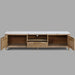 Modern Giga fluted TV stand with natural wood and white accents, featuring a sleek design and open shelving for media storage.