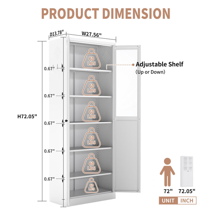 White Giga tall metal kitchen pantry cabinet with adjustable shelves and silent magnetic doors, ideal for storage and organization.